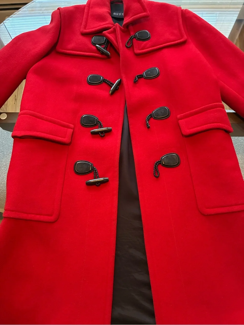 Gucci Red Wool-Blend Coat with Black Toggle Accents